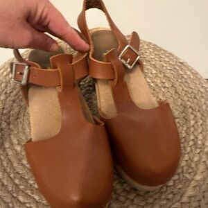Brown Leather Buckle Strap Clogs
